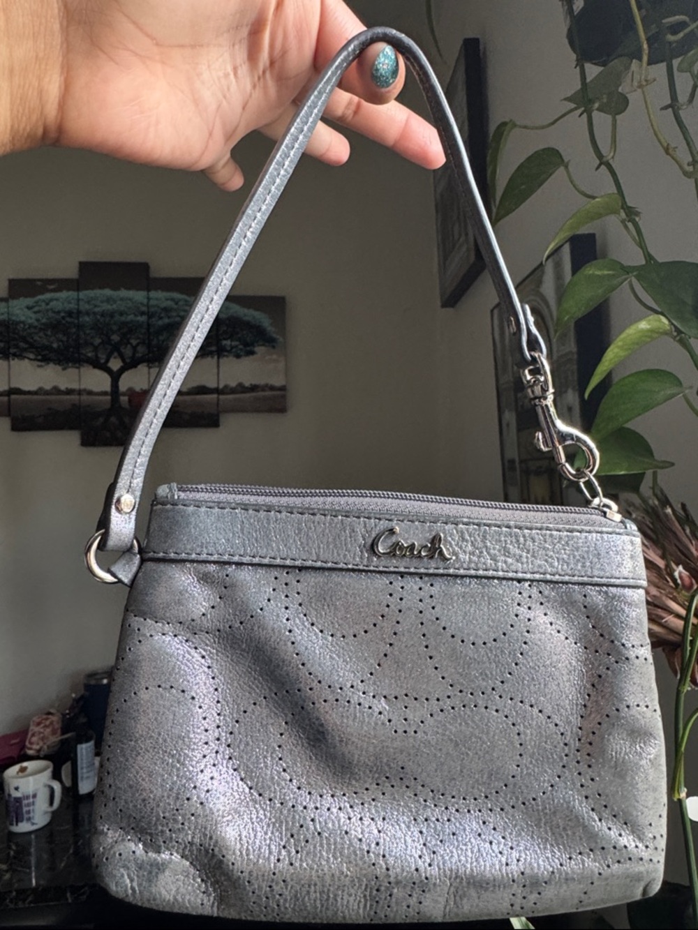 Coach Metallic Silver Perforated Leather Wristlet